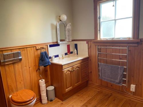 een badkamer met een wastafel, een toilet en een raam bij Portobello Settler's Cottage in Portobello