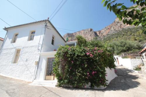 a white building with a bush of flowers in front of it at Au pied de la falaise rouge in Leonidion
