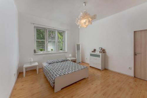 - une chambre blanche avec un lit et une fenêtre dans l'établissement Apartmán s terasou, à Olomouc