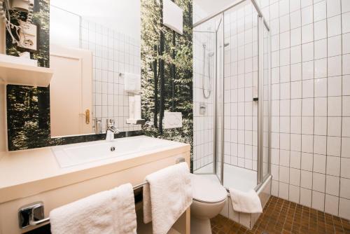 a bathroom with a sink and a toilet and a shower at Hotel & Restaurant Ochsen Merklingen in Merklingen
