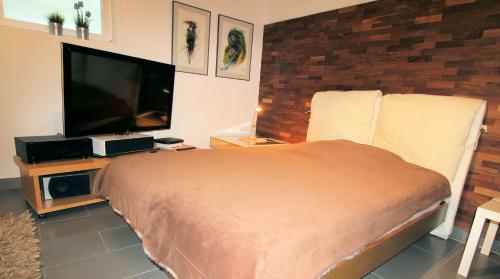 a bedroom with a bed and a flat screen tv at Großes Privatzimmer in Messenähe in Hannover