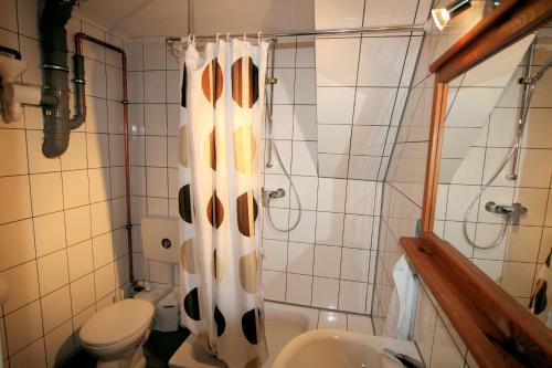 a bathroom with a shower curtain with a toilet and a sink at Großes Privatzimmer in Messenähe in Hannover