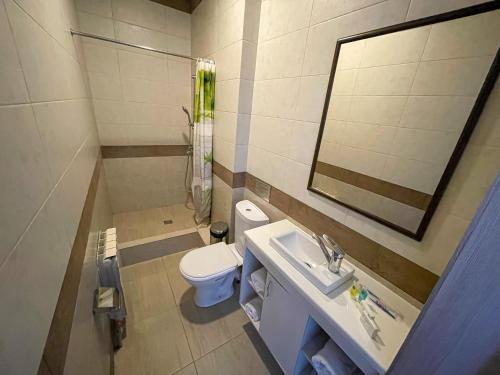 a bathroom with a sink and a toilet and a mirror at Resident Hotel Kaskelen in Kaskelen