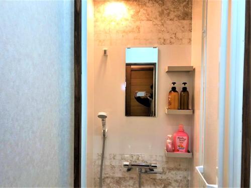 a bathroom with a mirror and a sink at Guesthouse YadoyaDOYA in Miyada