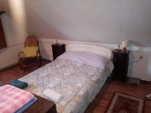 a bedroom with a bed and a table and a chair at Farma koza Olga in Ivanovo