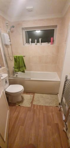 a bathroom with a toilet and a tub and a sink at Spacious and Serene Stay near Milton Keynes centre in Willen