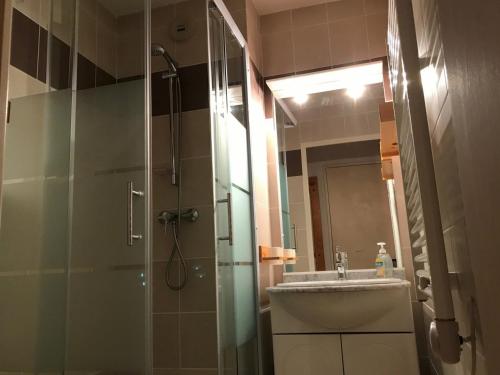 モンジェネヴルにあるAppartement Montgenèvre, 2 pièces, 6 personnes - FR-1-445-107のバスルーム(シャワー、シンク、鏡付)