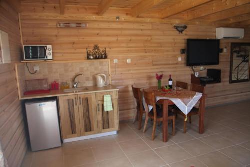 a kitchen and dining room with a table and a television at Be-Taam Ahava Suites in Bruchim Qela' Alon