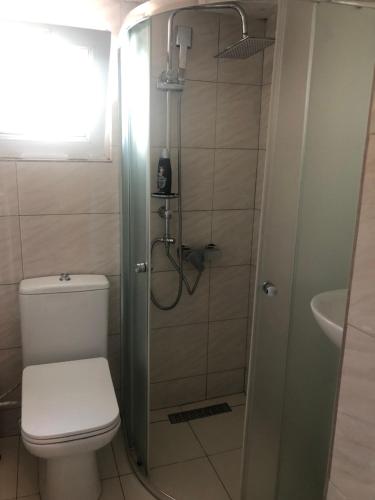 łazienka z toaletą i prysznicem w obiekcie Taf's Small House w Prisztinie
