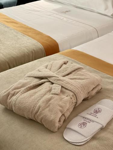 a towel and a thermometer sitting on two beds at Hotel Adriatica in Geneva