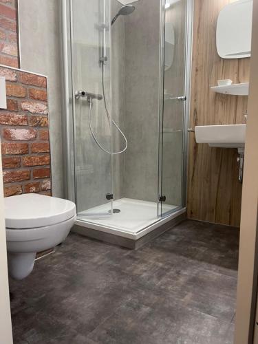 a bathroom with a shower and a toilet at Hotel Junkerhaus in Bad Salzuflen