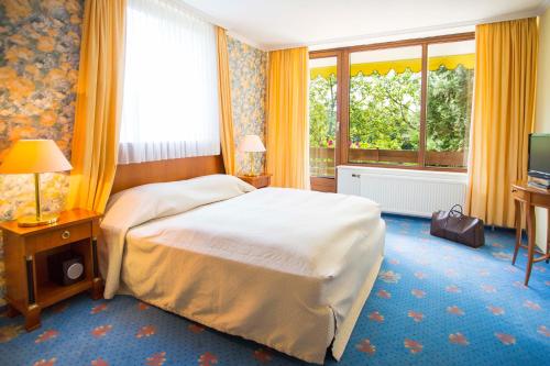 ein Hotelzimmer mit einem Bett und einem Fenster in der Unterkunft Hotel Maasberg Therme in Bad Sobernheim