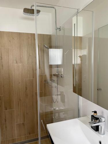 a bathroom with a shower and a white sink at Free Spirit in Nová Pec