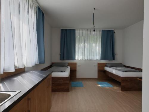 クレムスミュンスターにあるHaus an der Kremsのベッド2台とシンクが備わる客室です。