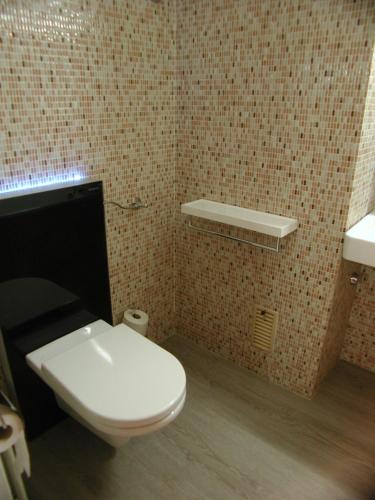 a bathroom with a white toilet and a tiled wall at Brunegghorn 4 in Grächen