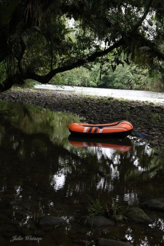a red kayak laying on the water under a tree at Caoni Riverside Suites - Birders Paradise by the river, Ecuadorian Chocó in Puerto Quito