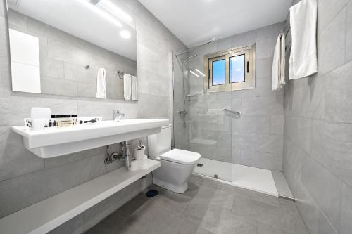 een badkamer met een wastafel, een toilet en een douche bij Apartamentos Los Papagayos in San Agustin