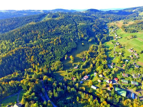 an aerial view of a park with trees and a river at Penzion Paseky U Zapadlych vlastencu in Paseky nad Jizerou