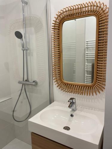 une salle de bain avec un lavabo et un miroir dans l'établissement Maison Terrasse Beauduc, Arles, à Arles