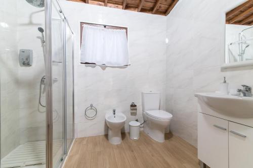 a bathroom with a shower and a toilet and a sink at Casa do Pinheiro with shared swimming pool in São Vicente Ferreira