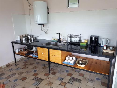 a kitchen with a sink and a counter at Cabañas Ascochinga in Ascochinga