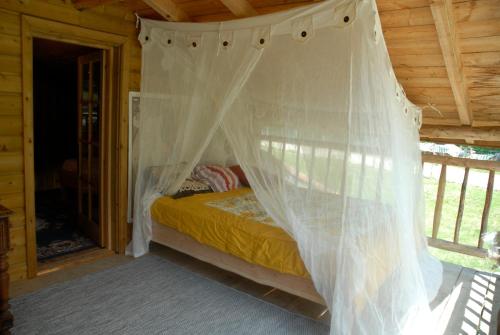 a bedroom with a bed with a mosquito net at Le chalet de Cavailla in Marmont-Pachas
