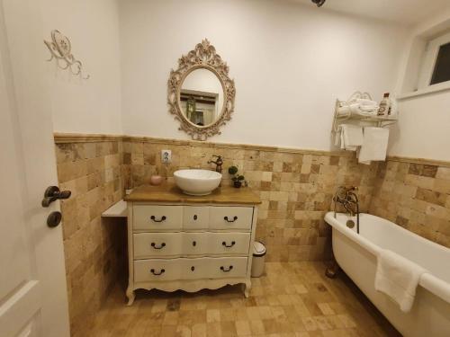 a bathroom with a sink and a tub and a mirror at The Hedgehog Boutique House & Garden in Cluj-Napoca