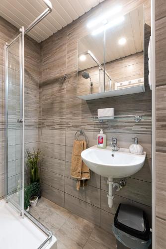 a bathroom with a sink and a shower at Maul - Lator Présbár és Bortrezor in Villány