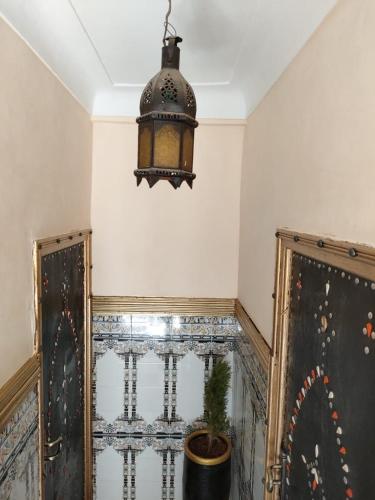 aendant light hanging over a room with a potted plant at Hotel Zagora in Marrakesh