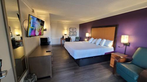 コーパスクリスティにあるHotel Palm Bliss Corpus Christi Southのベッドとソファ付きのホテルルーム