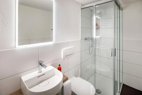 ein Bad mit einem WC, einem Waschbecken und einer Dusche in der Unterkunft Hotel Schweizerhof in Wetzikon