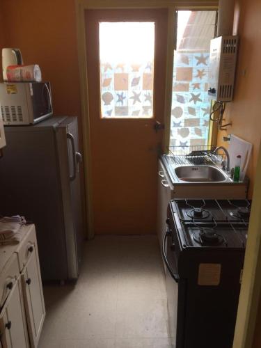a small kitchen with a stove and a sink at CASAS Y CABAÑAS CUMBRES DEL SOL in Castro
