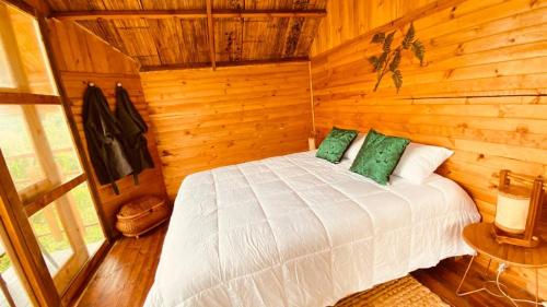a bedroom with a bed in a wooden cabin at Tropical House in La Vega