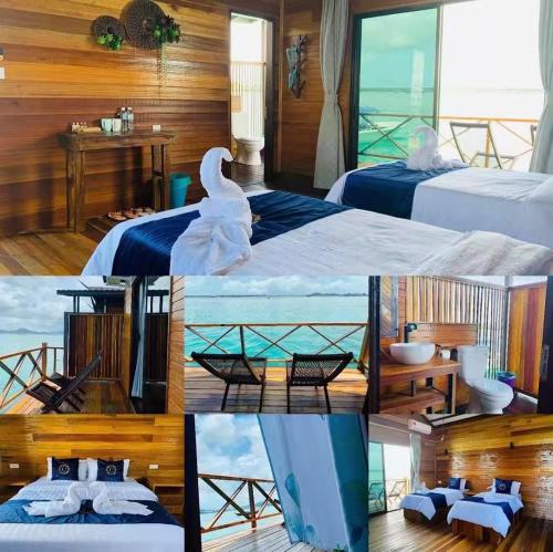 un collage de fotos de una habitación con dos camas y un cisne en SeaCoral Water Chalet, en Semporna