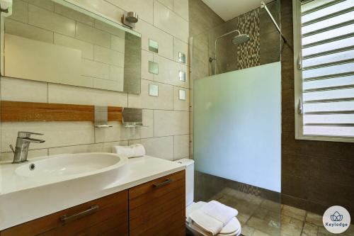 y baño con lavabo y ducha. en T3 - Duplex Moringue 2 étoiles - Vue sur Jardin - Proche centre Saint-Denis, en Saint-Denis