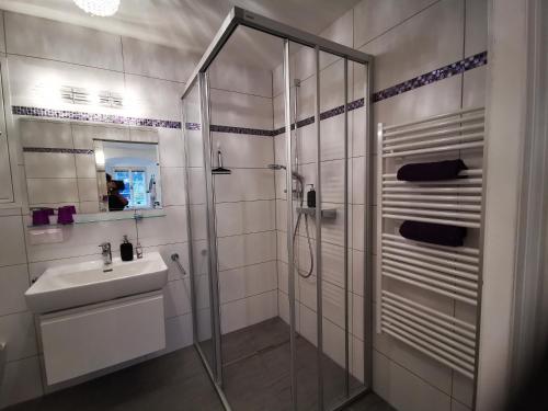 ein Badezimmer mit Dusche und Waschbecken in der Unterkunft Turmapartment Lindenhof in Millstatt