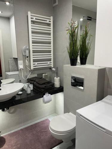 La salle de bains est pourvue de toilettes blanches et d'un lavabo. dans l'établissement Apartament Nad Nielbą, à Wągrowiec