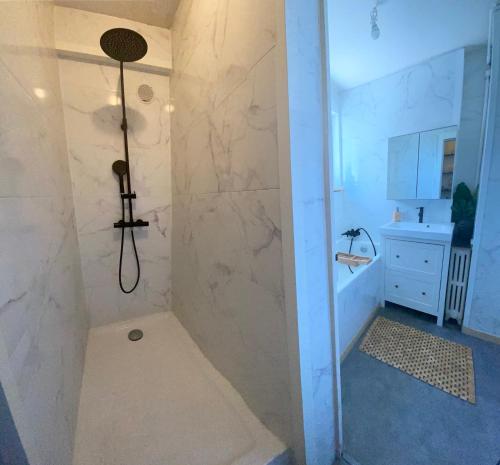 y baño con ducha y lavamanos. en Appartement T3 - DABNB en Limoges
