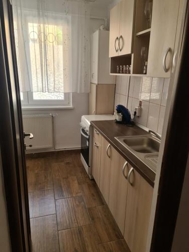 uma pequena cozinha com armários brancos e um lavatório em Apartament Maria em Turda