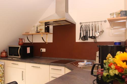 a kitchen with a microwave and a stove top oven at Gästehaus Peerhus Dönsel - Deensten in Rehden