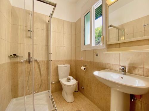a bathroom with a sink and a toilet and a shower at Luxury Villa Akti Barbati 1 with private pool in Ano Pyrgi