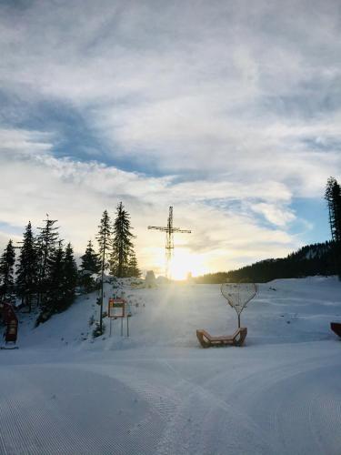 a snowboard in the snow with the sun in the background at Ferienhof Nasnergut in Radstadt