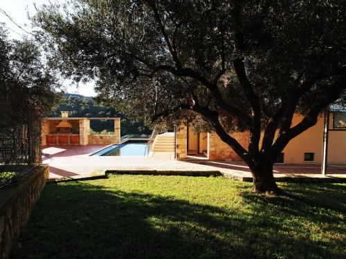 a house with a yard with a tree and a pool at Margarita's Villas in Chania Town