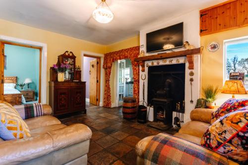 a living room with a couch and a fireplace at Brookhall Cottages in Lisburn