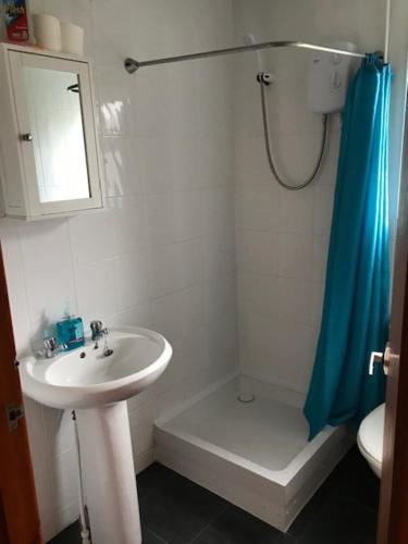 a bathroom with a sink and a shower with a toilet at Wheal Rodney Holiday Park in Marazion