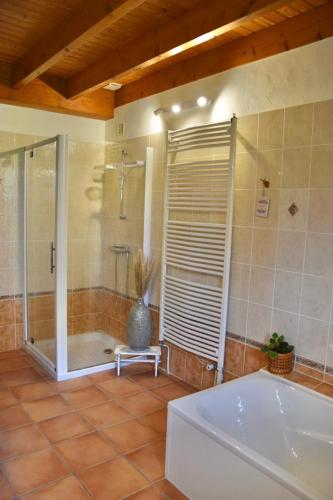 a bathroom with a shower and a bath tub at Une pause nature chez Marion et Cédric in Montignac-Toupinerie