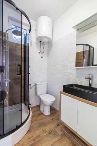 a bathroom with a toilet and a shower and a sink at 4 Fortresses in Šibenik