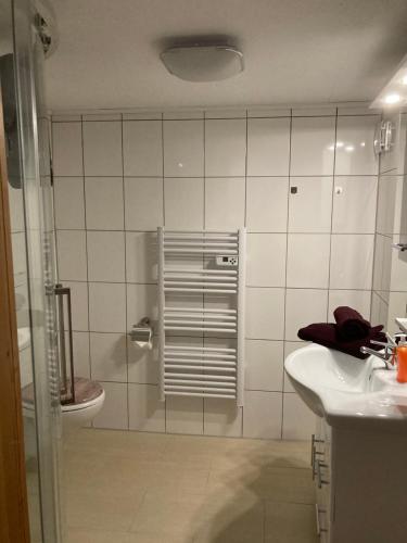 uma casa de banho com um chuveiro, um WC e um lavatório. em HeiSa em Bitzen