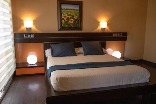 a bedroom with a large bed with two lights at Hotel Las Navas in Malagón