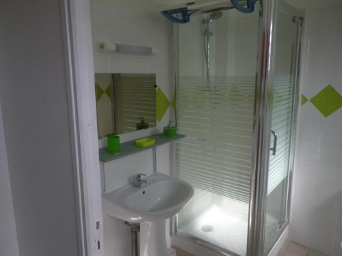 een badkamer met een wastafel en een glazen douche bij IMMEUBLE NEBOT in Grand-Bourg